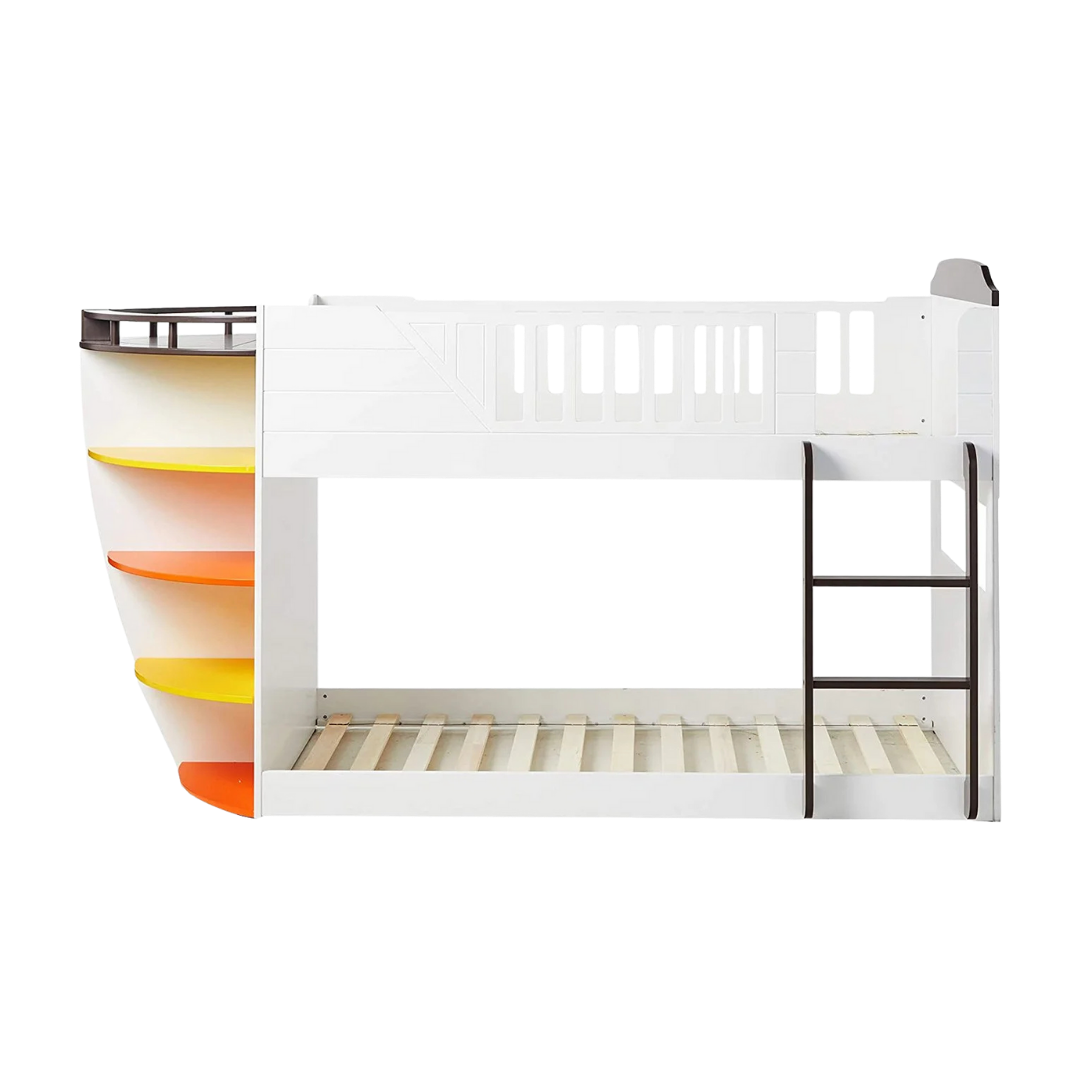 Brown And White Twin Over Twin Wood Bunk Bed With Storage