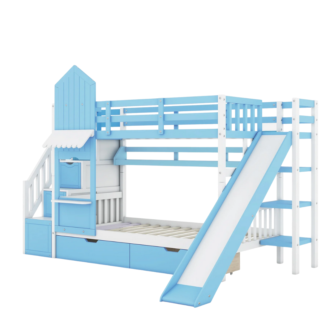 Twin Over Twin Castle Bunk Bed with Slide, Built-in Storage Drawers and Shelves, Space-Saving and Stylish Wooden Frame, Blue