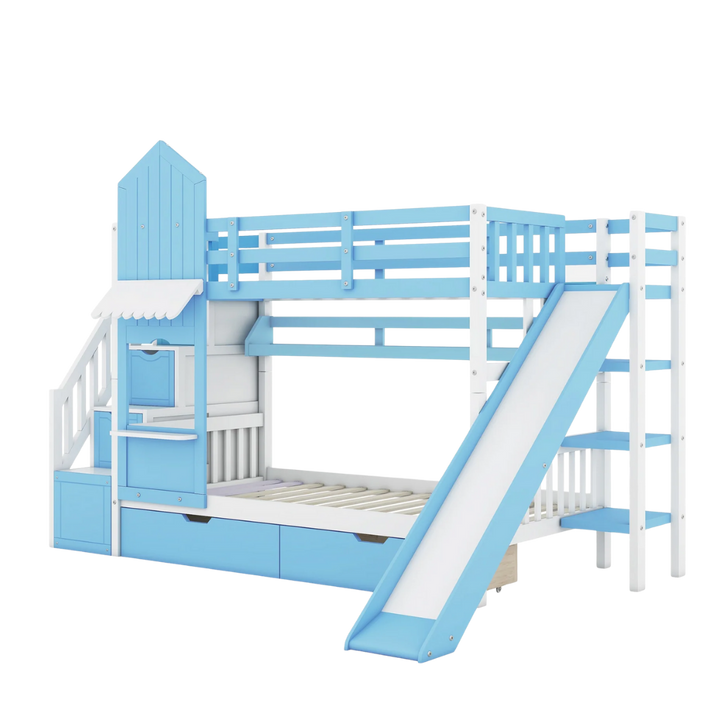 Twin Over Twin Castle Bunk Bed with Slide, Built-in Storage Drawers and Shelves, Space-Saving and Stylish Wooden Frame, Blue