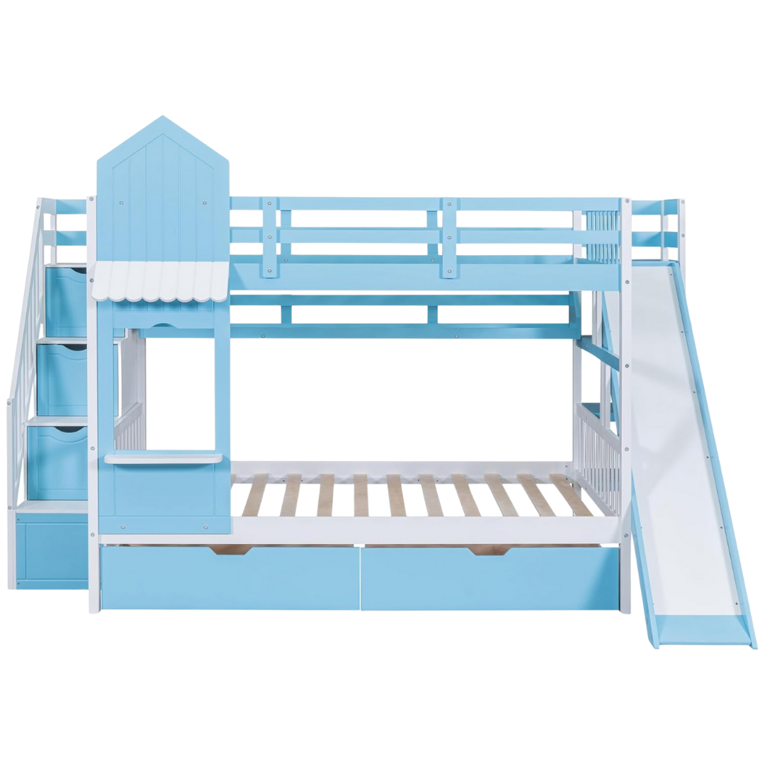 Full Over Full Castle Bunk Bed with Slide, Built-in Storage Drawers and Shelves, Sturdy and Fun Loft Design for Bedroom, Blue