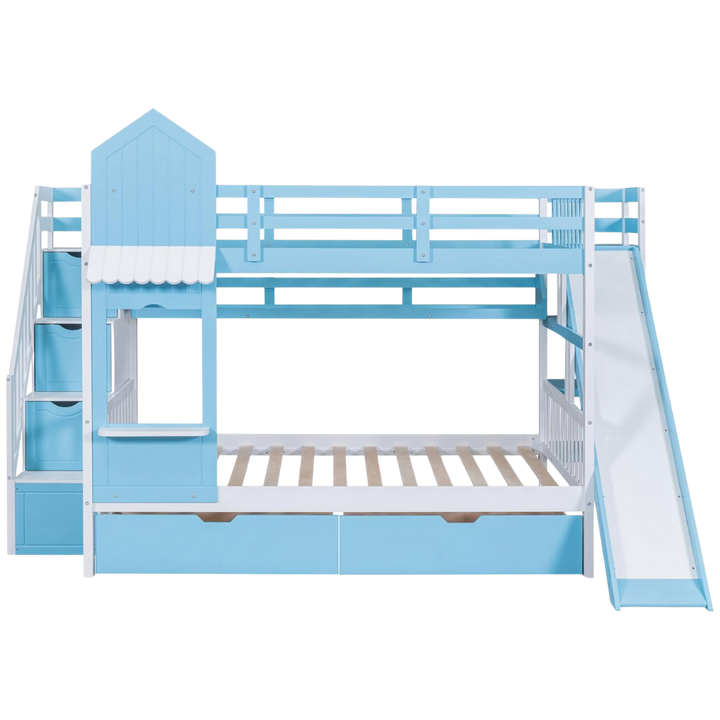Full Over Full Castle Bunk Bed with Slide, Built-in Storage Drawers and Shelves, Sturdy and Fun Loft Design for Bedroom, Blue