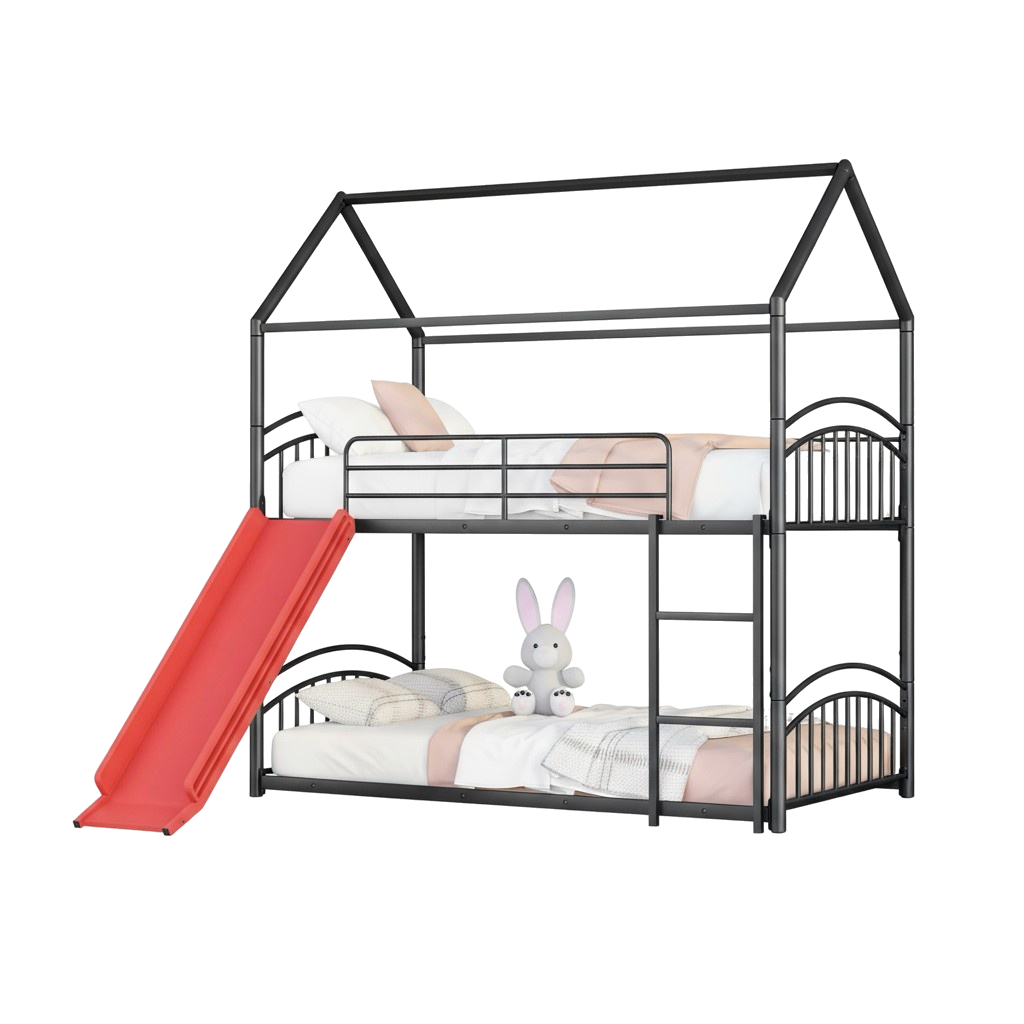 Twin Over Twin Metal Bunk Bed with Slide, House Bed Frame with Playful Design, Sturdy and Modern Structure, Black+Red
