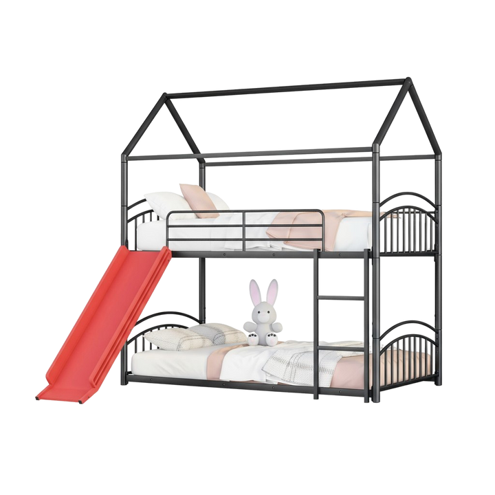 Twin Over Twin Metal Bunk Bed with Slide, House Bed Frame with Playful Design, Sturdy and Modern Structure, Black+Red