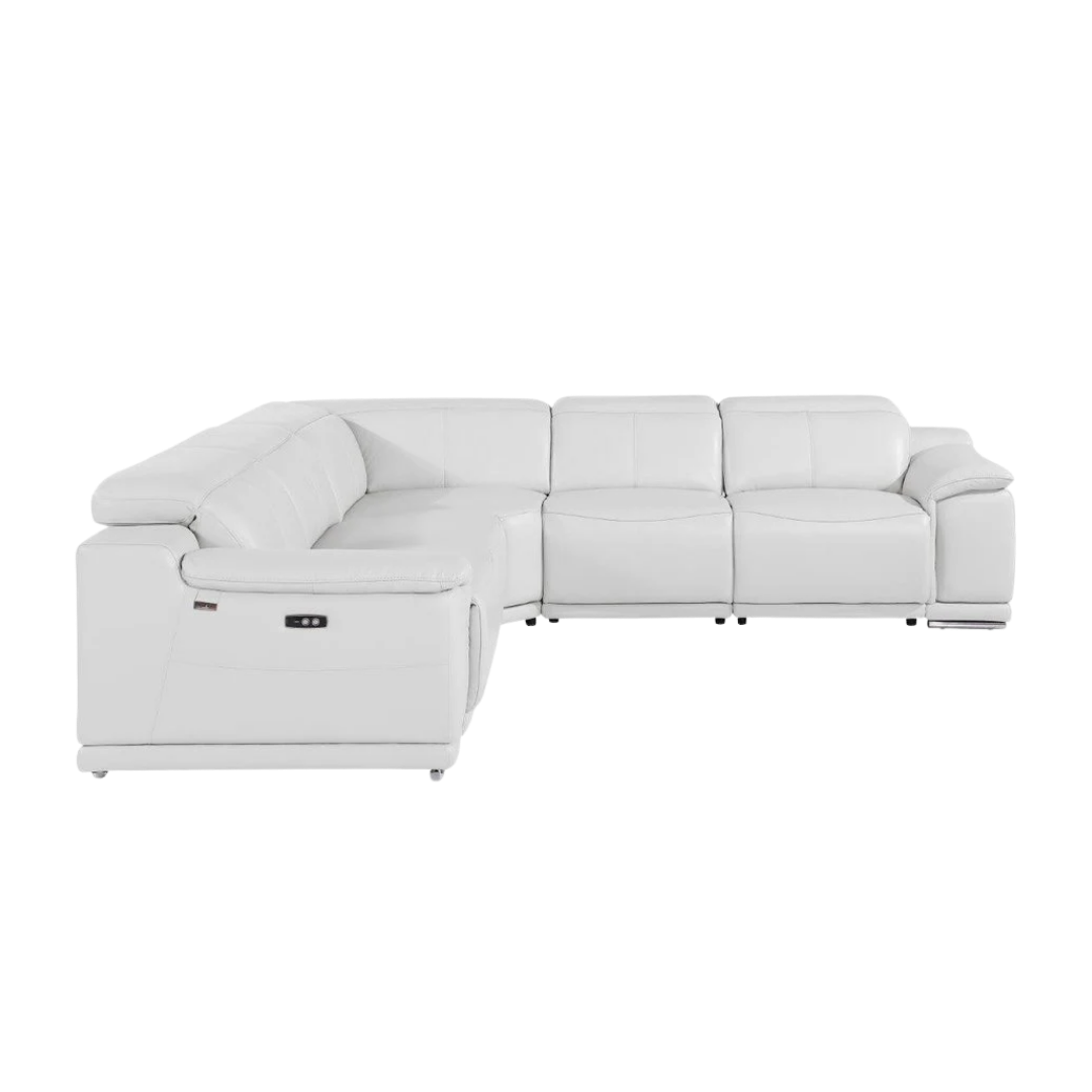White Italian Leather Power Reclining L Shaped Five Piece Corner Sectional