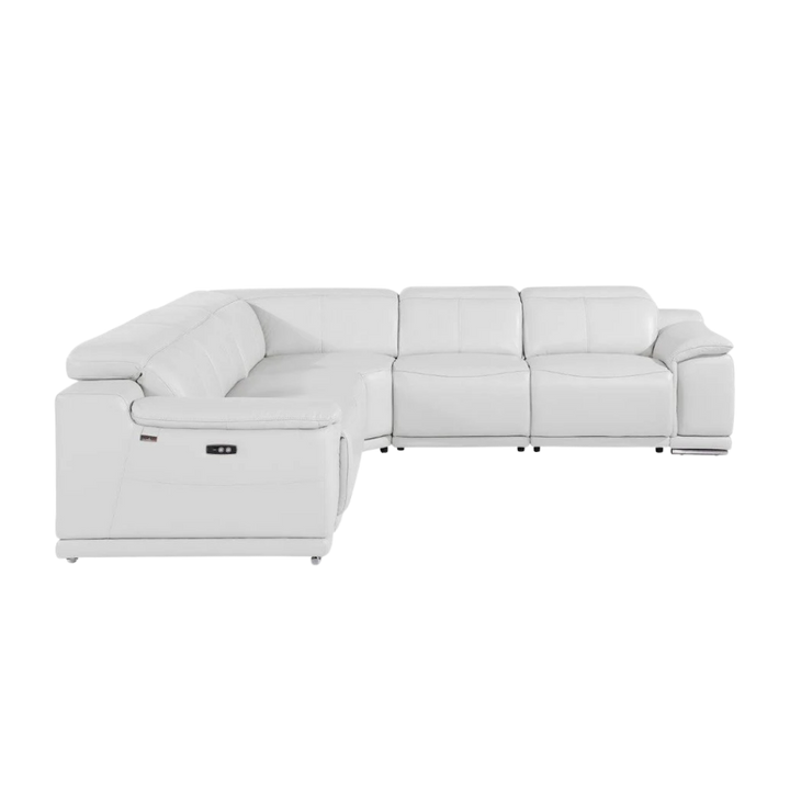 White Italian Leather Power Reclining L Shaped Five Piece Corner Sectional