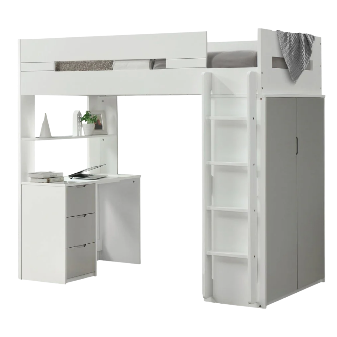White And Gray Twin Loft Bed And Desk