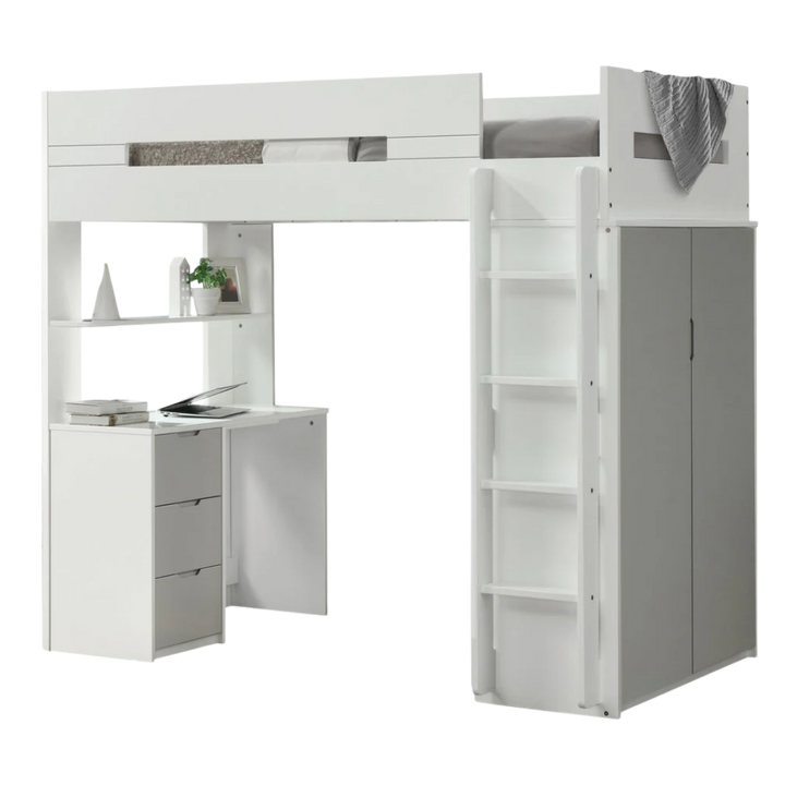 White And Gray Twin Loft Bed And Desk