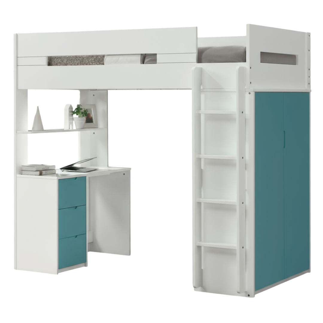 White And Teal Twin Loft Bed And Desk
