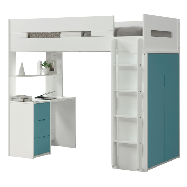 White And Teal Twin Loft Bed And Desk