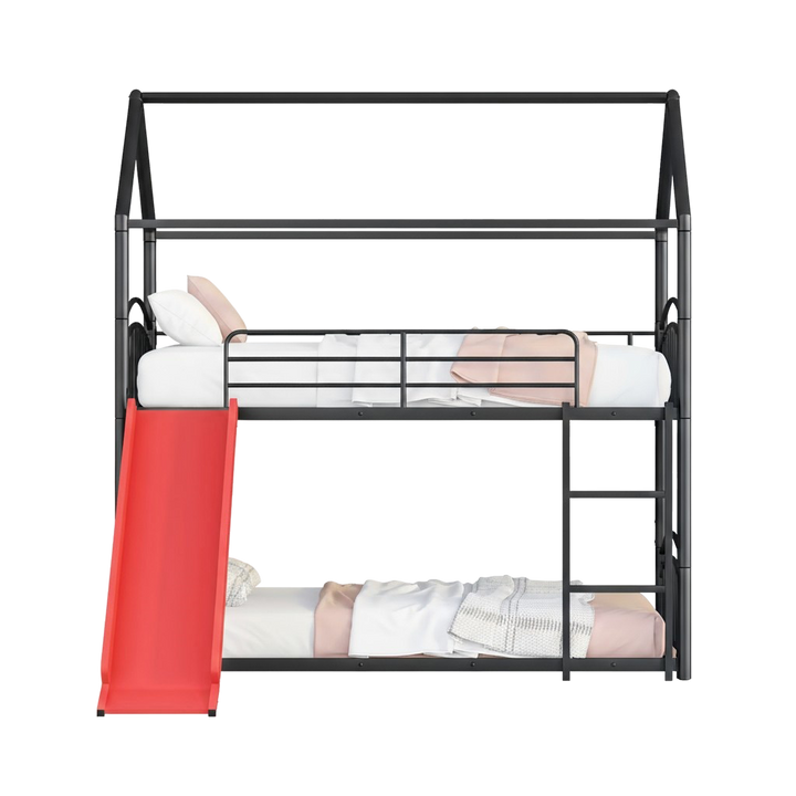 Twin Over Twin Metal Bunk Bed with Slide, House Bed Frame with Playful Design, Sturdy and Modern Structure, Black+Red