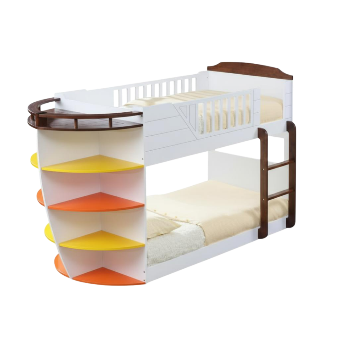 Brown And White Twin Over Twin Wood Bunk Bed With Storage