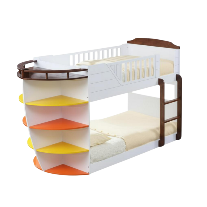 Brown And White Twin Over Twin Wood Bunk Bed With Storage