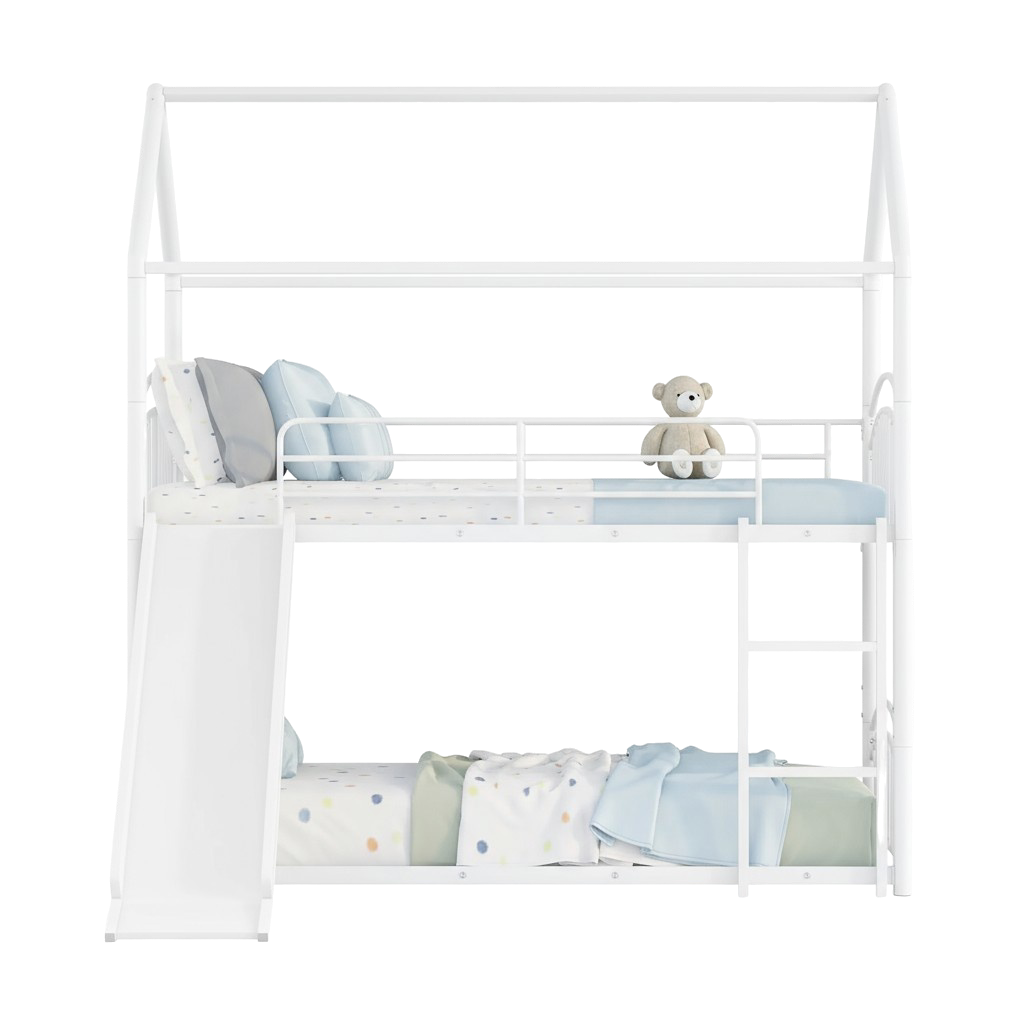 Twin Over Twin Metal Bunk Bed with Slide, House Bed Frame with Playful Design, Sturdy and Modern Structure, White