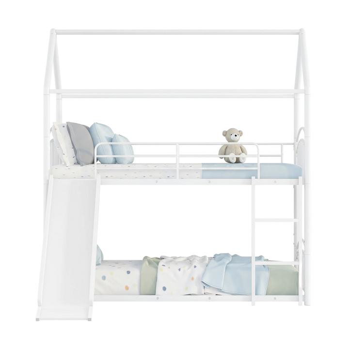 Twin Over Twin Metal Bunk Bed with Slide, House Bed Frame with Playful Design, Sturdy and Modern Structure, White