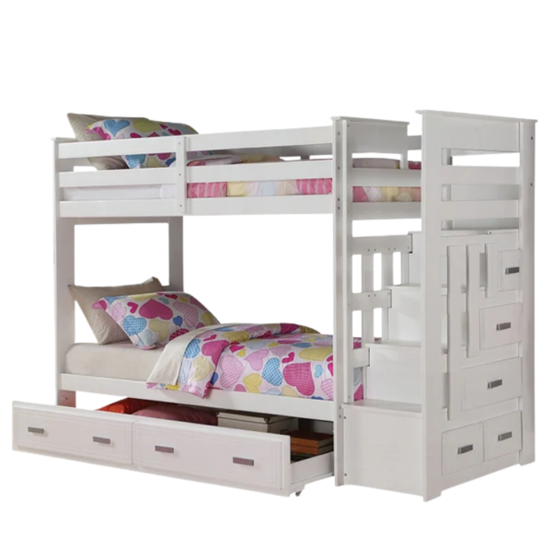 97" X 43" X 68" Twin Over Twin White Storage Ladder And Trundle  Bunk Bed