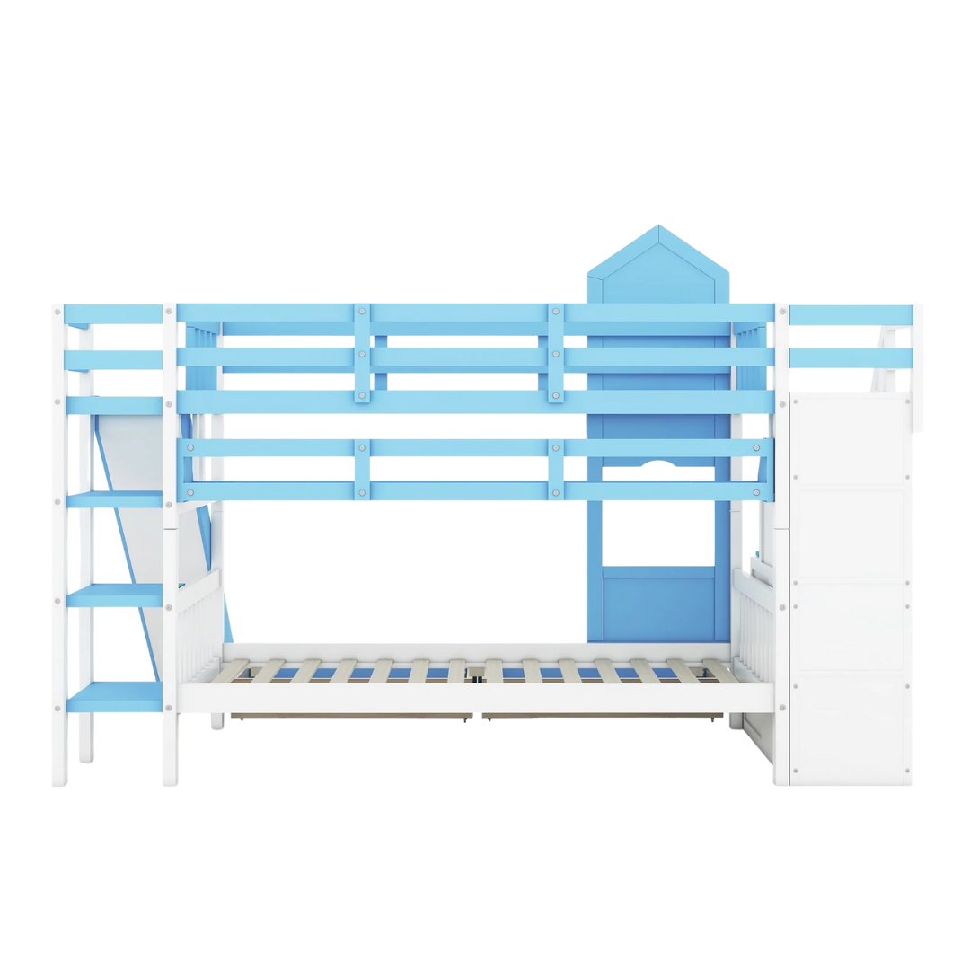 Twin Over Twin Castle Bunk Bed with Slide, Built-in Storage Drawers and Shelves, Space-Saving and Stylish Wooden Frame, Blue