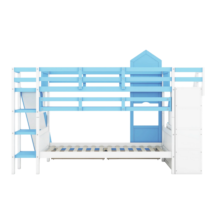 Twin Over Twin Castle Bunk Bed with Slide, Built-in Storage Drawers and Shelves, Space-Saving and Stylish Wooden Frame, Blue