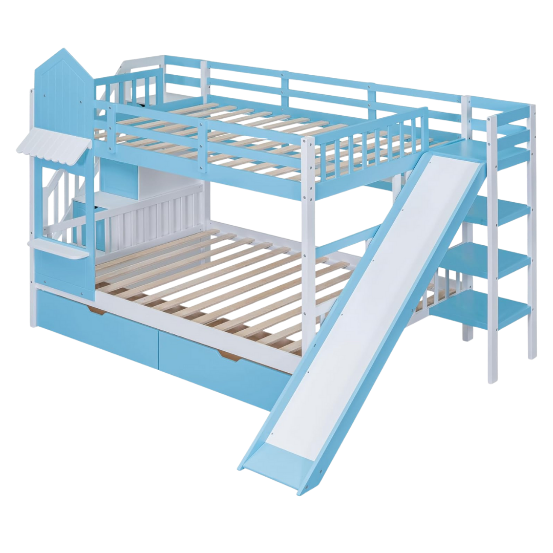 Full Over Full Castle Bunk Bed with Slide, Built-in Storage Drawers and Shelves, Sturdy and Fun Loft Design for Bedroom, Blue