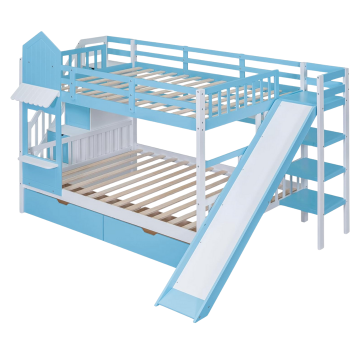 Full Over Full Castle Bunk Bed with Slide, Built-in Storage Drawers and Shelves, Sturdy and Fun Loft Design for Bedroom, Blue