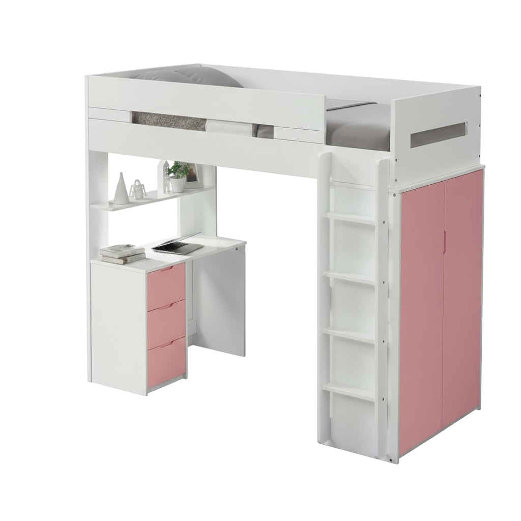 White And Pink Twin Loft Bed And Desk