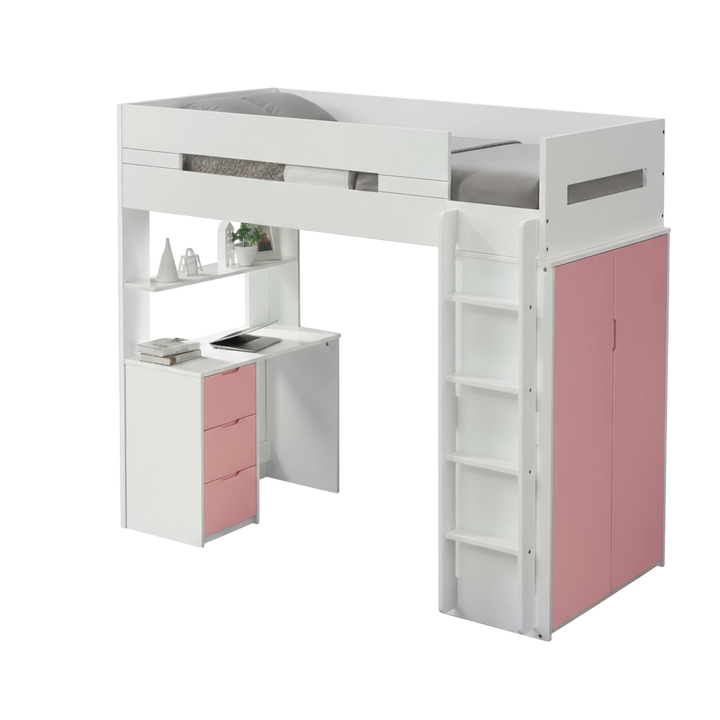 White And Pink Twin Loft Bed And Desk