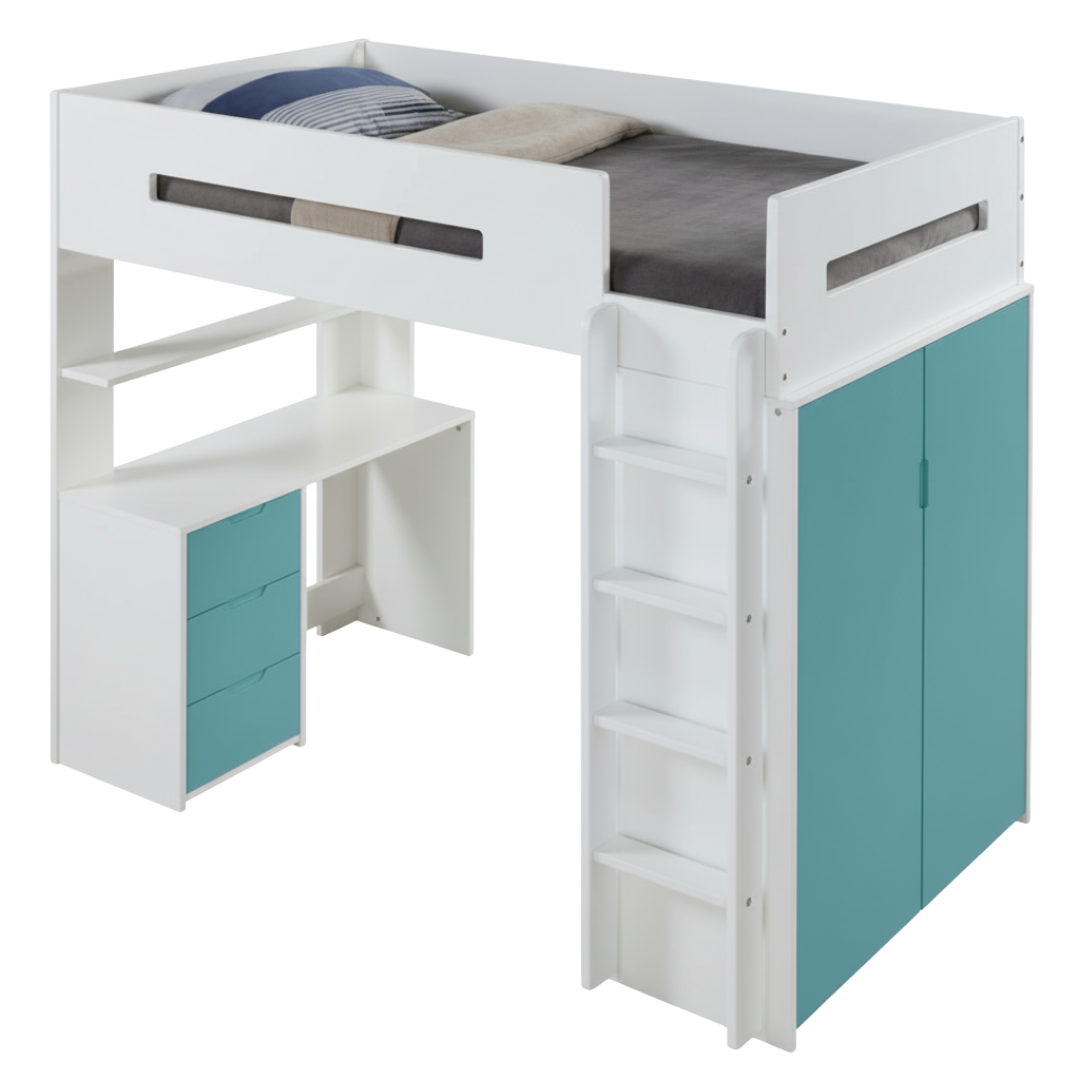 White And Teal Twin Loft Bed And Desk