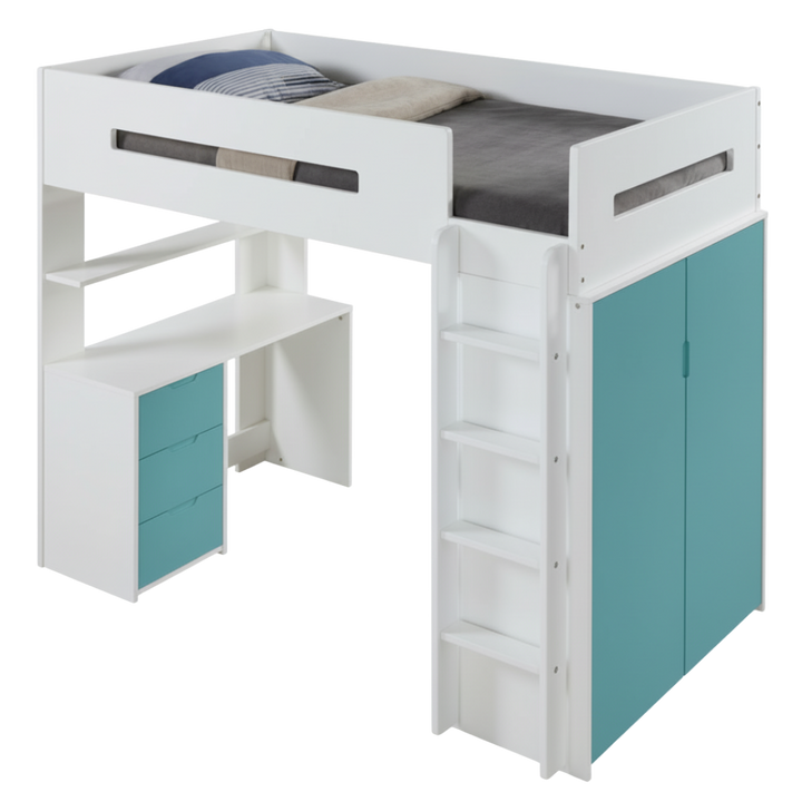 White And Teal Twin Loft Bed And Desk