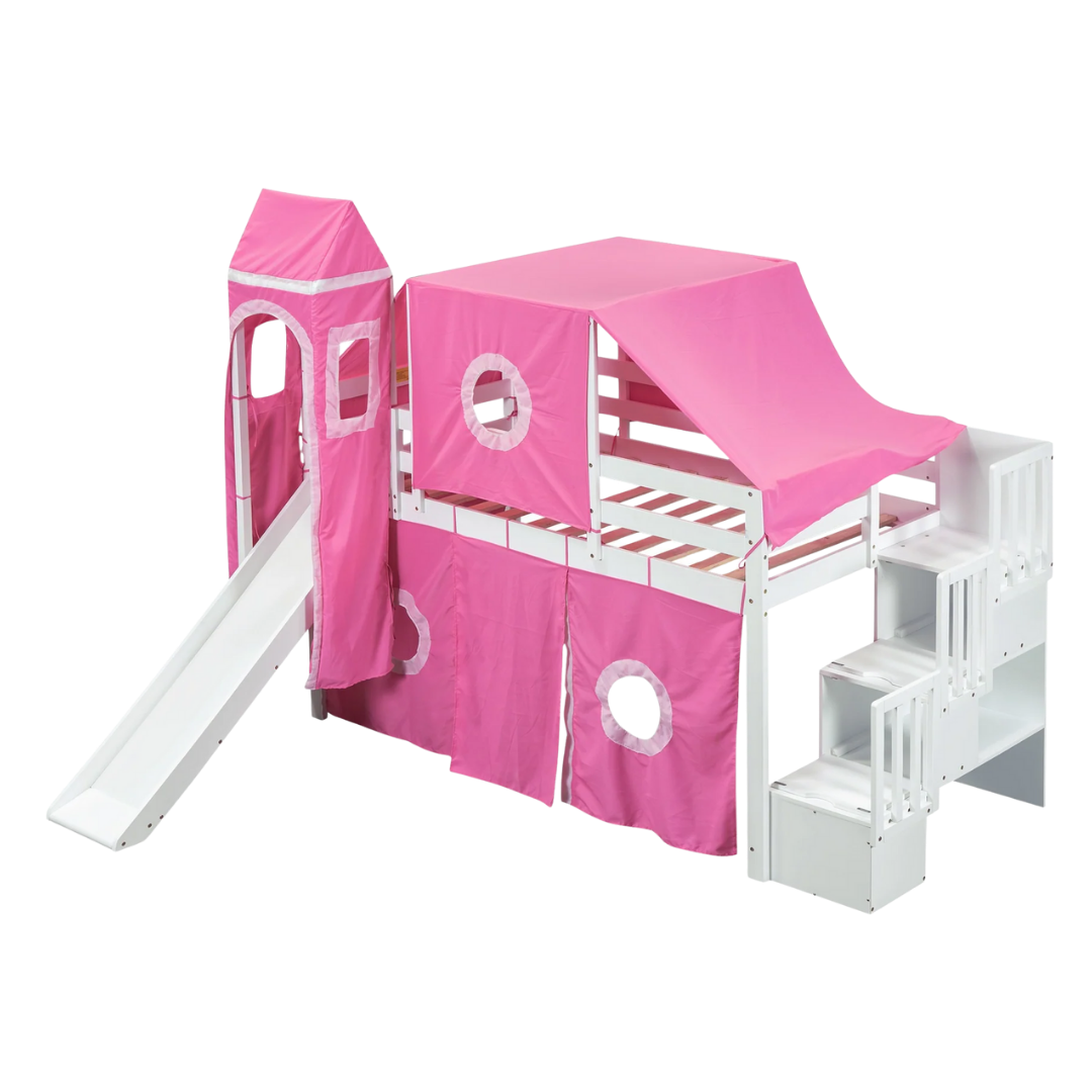 Twin Size Loft Bed with Tent and Tower, Sturdy Wooden Frame, Adventure-Themed Fun and Functional Design for Bedroom, Pink