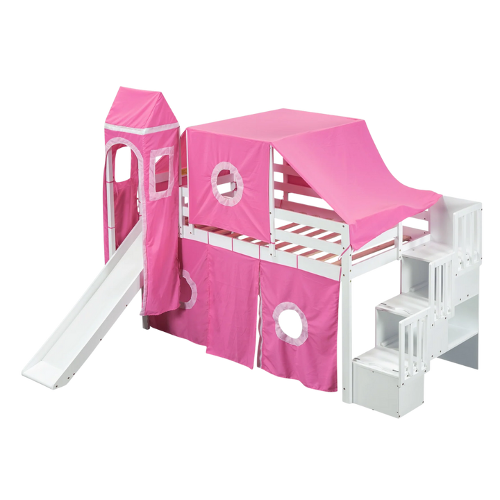Twin Size Loft Bed with Tent and Tower, Sturdy Wooden Frame, Adventure-Themed Fun and Functional Design for Bedroom, Pink