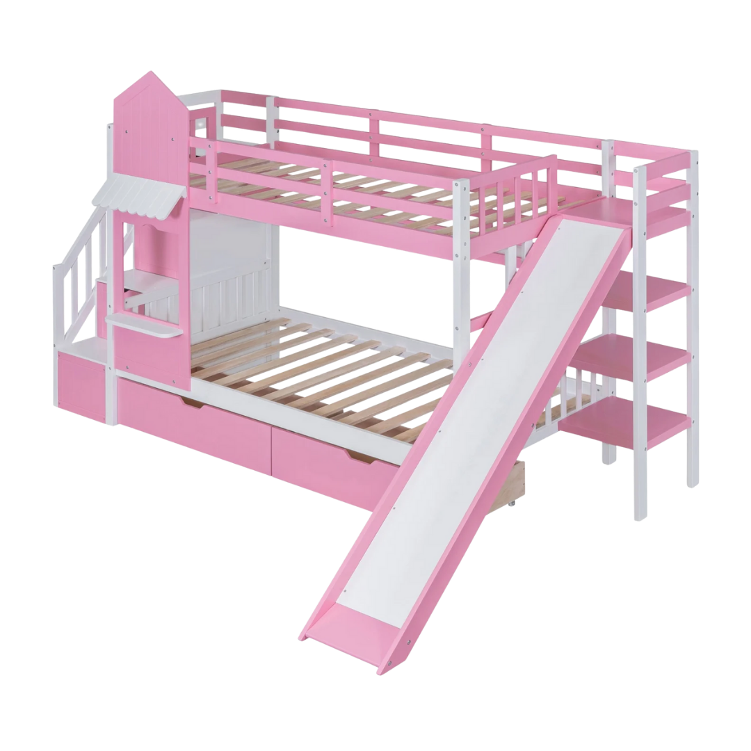 Full Over Full Castle Bunk Bed with Slide, Built-in Storage Drawers and Shelves, Sturdy and Fun Loft Design for Bedroom, Pink