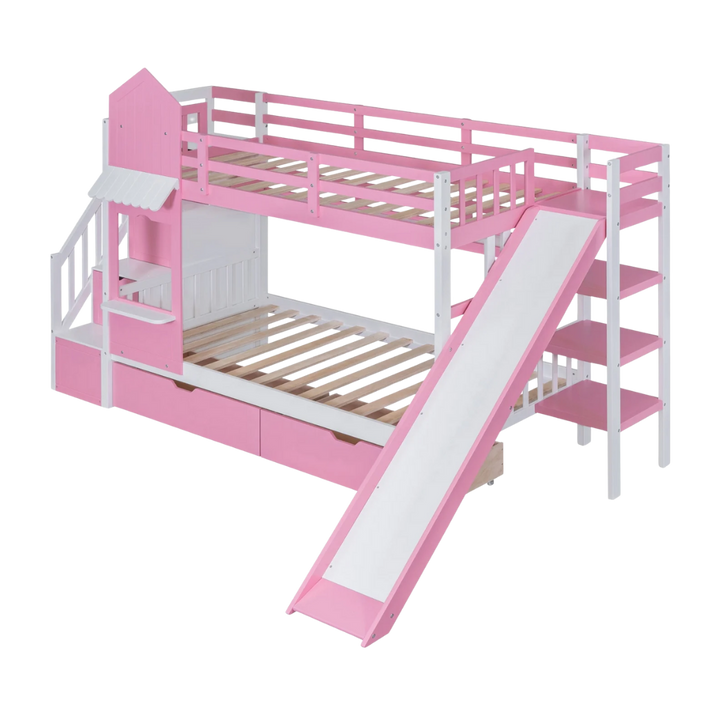 Full Over Full Castle Bunk Bed with Slide, Built-in Storage Drawers and Shelves, Sturdy and Fun Loft Design for Bedroom, Pink