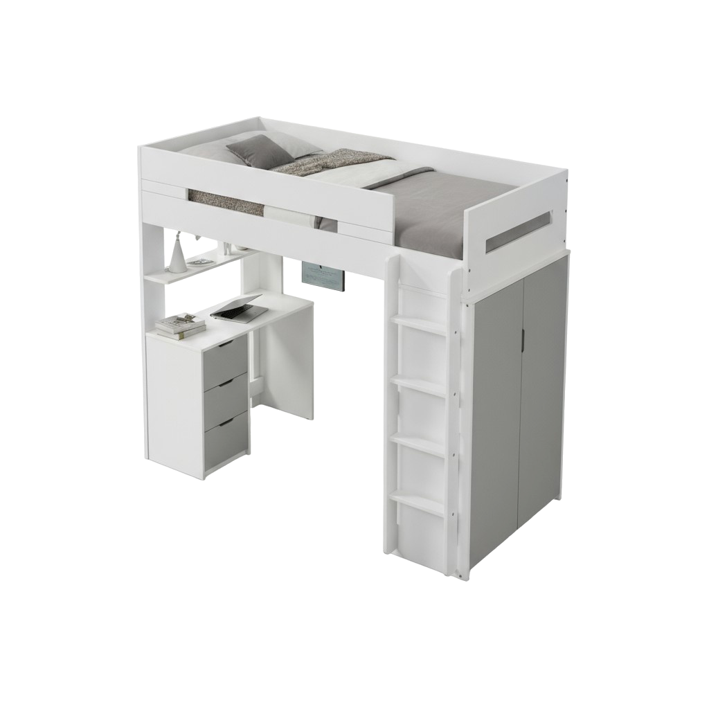 White And Gray Twin Loft Bed And Desk
