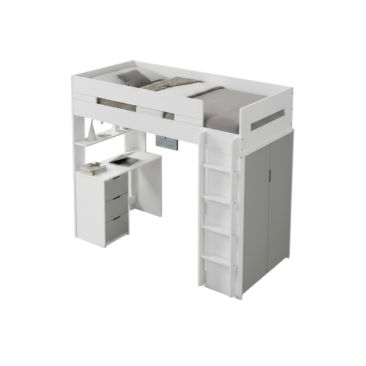 White And Gray Twin Loft Bed And Desk