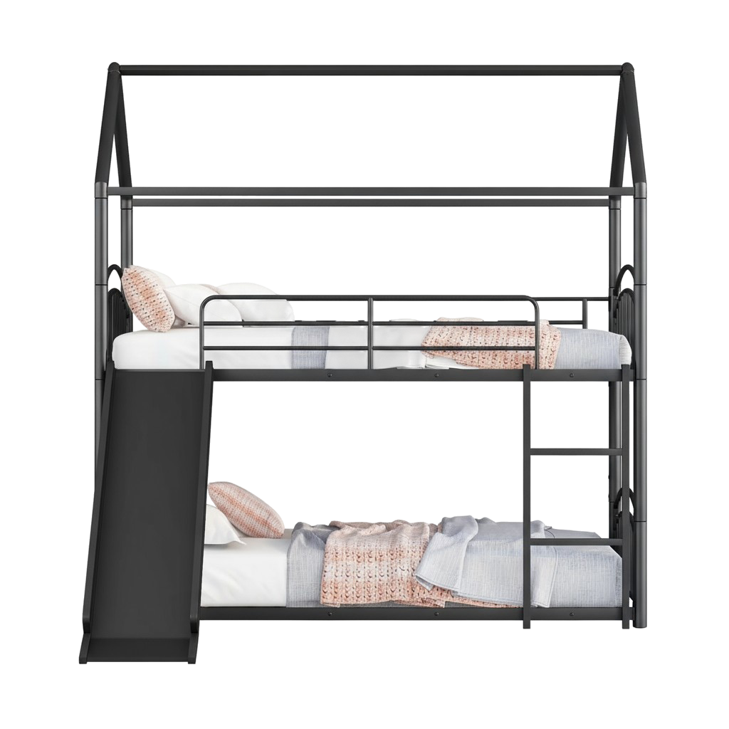 Twin Over Twin Metal Bunk Bed with Slide, House Bed Frame with Playful Design, Sturdy and Modern Structure, Black