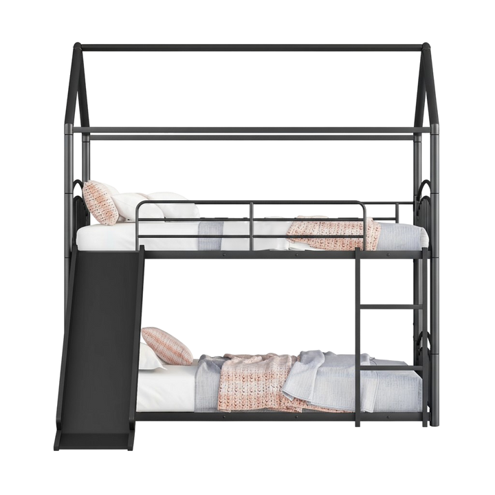 Twin Over Twin Metal Bunk Bed with Slide, House Bed Frame with Playful Design, Sturdy and Modern Structure, Black