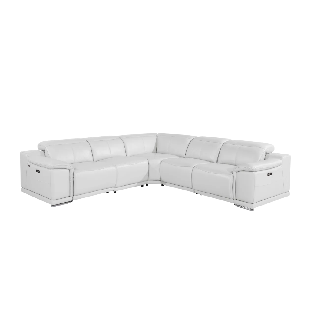 White Italian Leather Power Reclining L Shaped Five Piece Corner Sectional