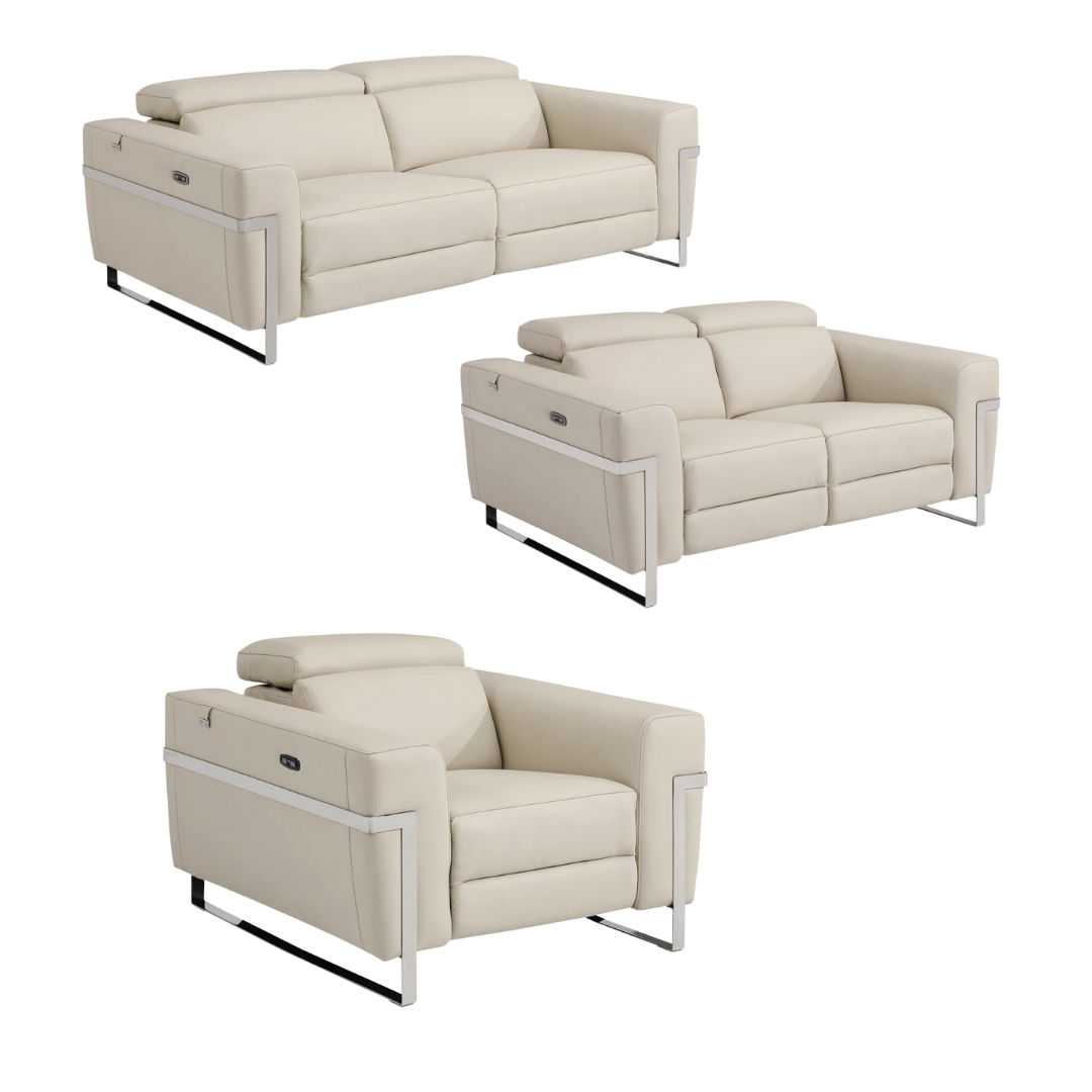 Three Piece Indoor Beige Italian Leather Six Person Seating Set