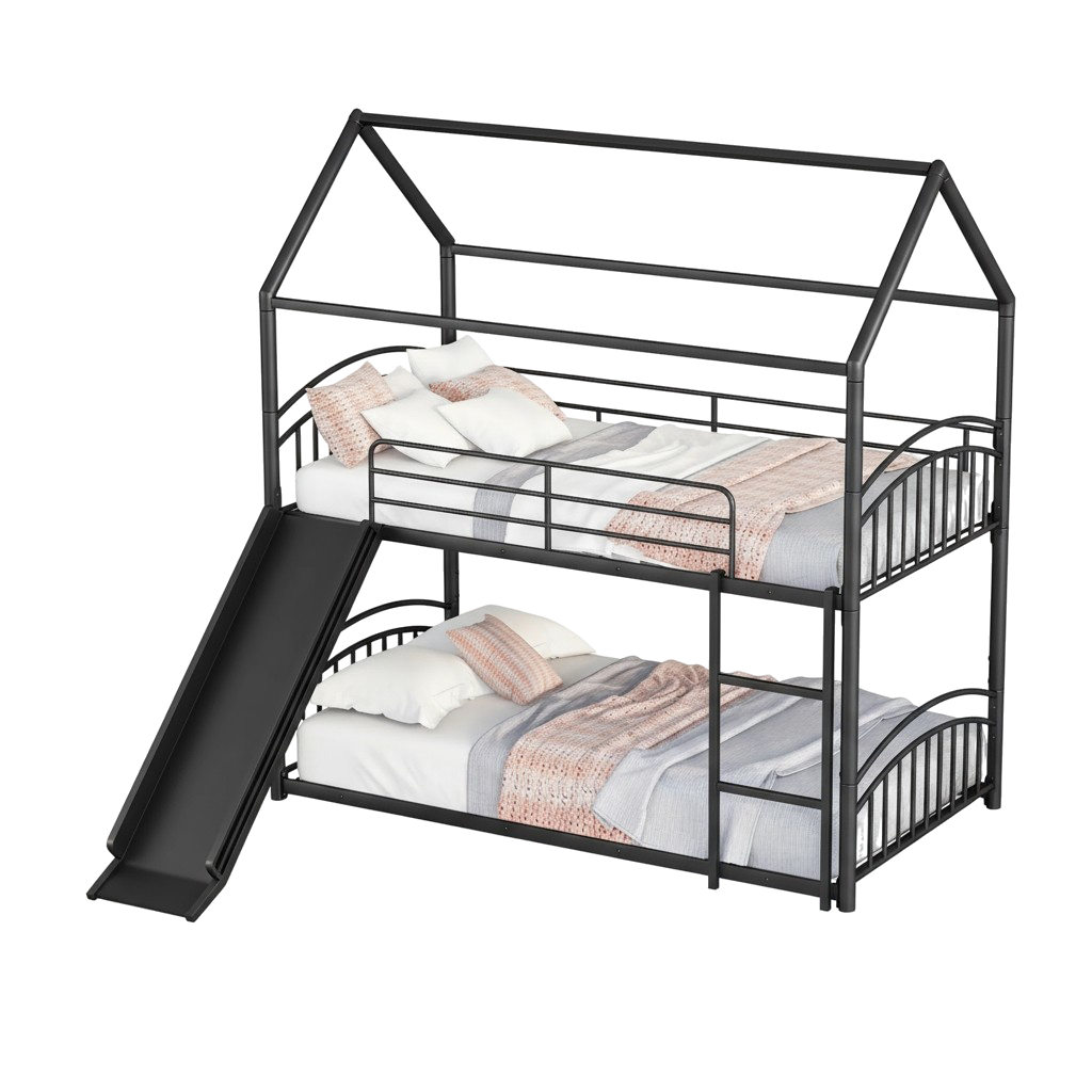 Twin Over Twin Metal Bunk Bed with Slide, House Bed Frame with Playful Design, Sturdy and Modern Structure, Black