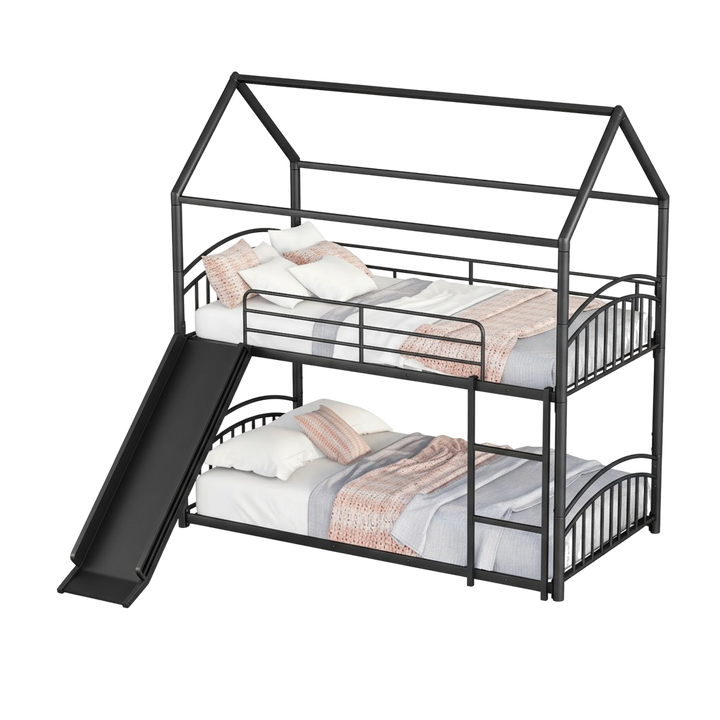 Twin Over Twin Metal Bunk Bed with Slide, House Bed Frame with Playful Design, Sturdy and Modern Structure, Black