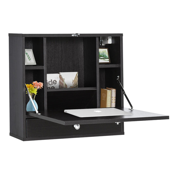 HOMCOM Wall Mounted Desk Black Floating with Storage Shelves Foldable Tabletop Space Saving Design