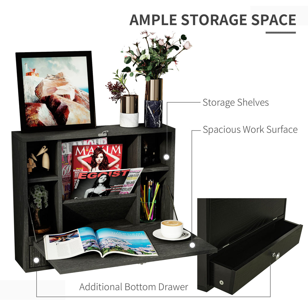 HOMCOM Wall Mounted Desk Black Floating with Storage Shelves Foldable Tabletop Space Saving Design