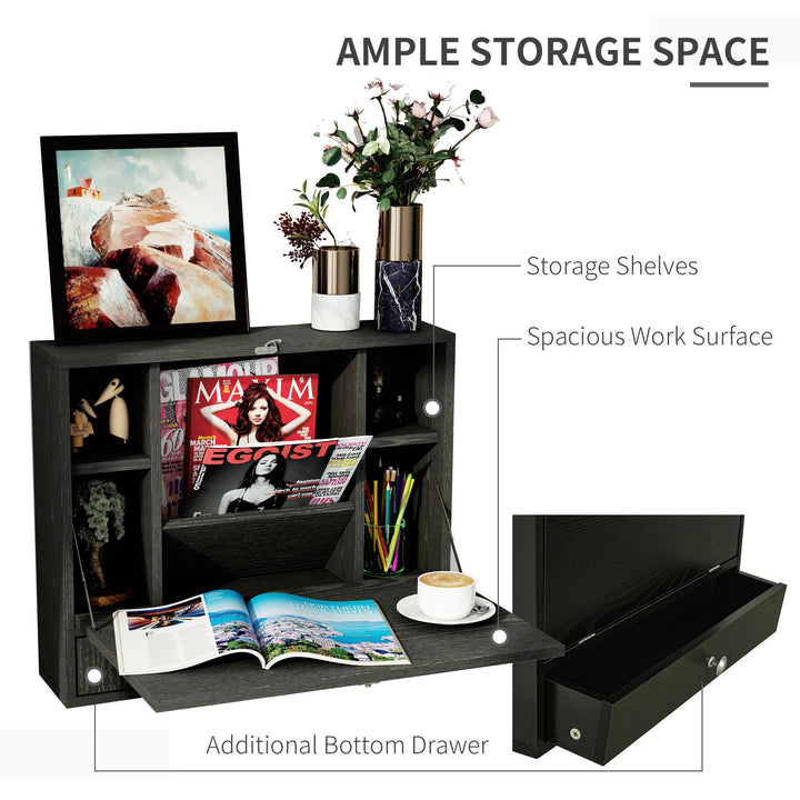 HOMCOM Wall Mounted Desk Black Floating with Storage Shelves Foldable Tabletop Space Saving Design