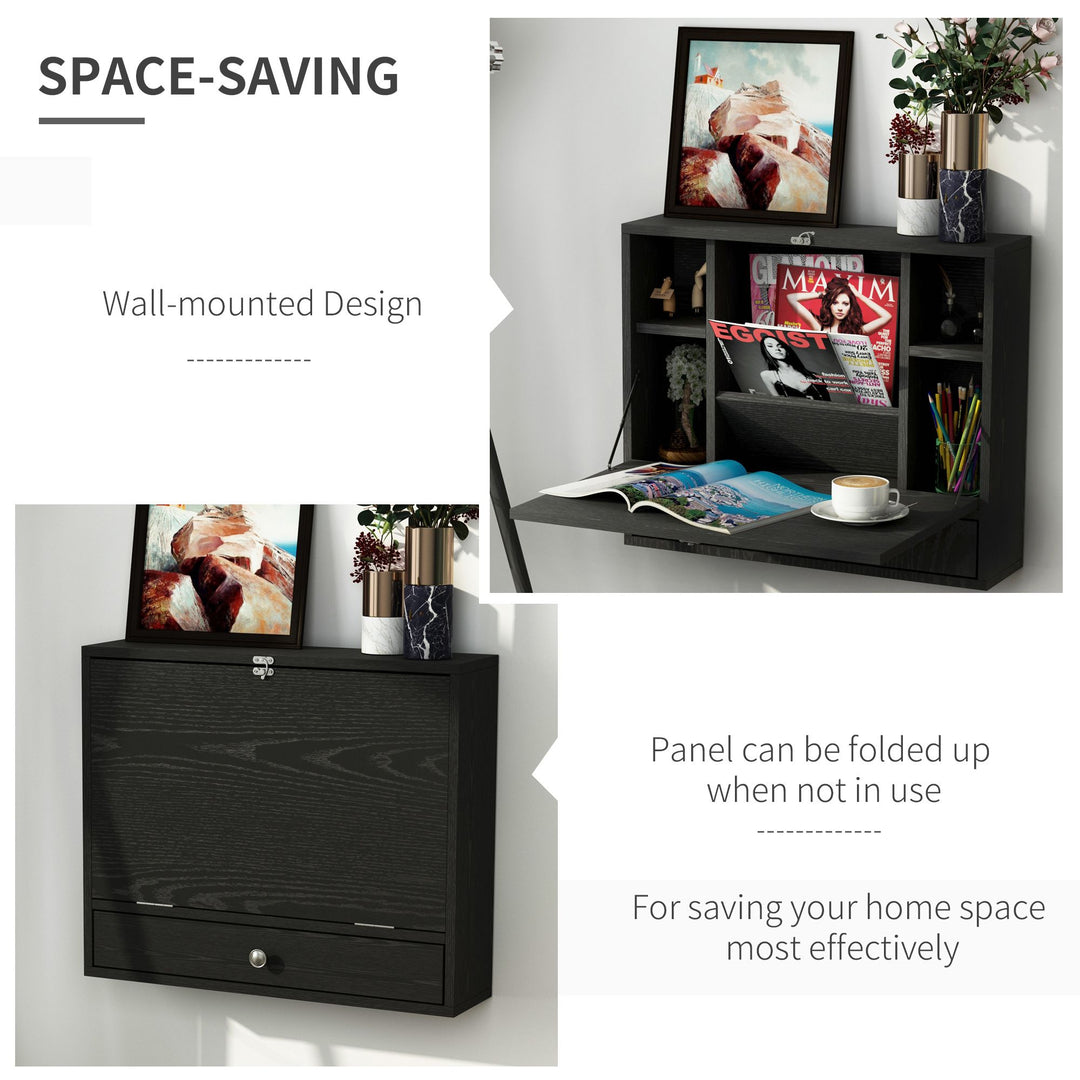 HOMCOM Wall Mounted Desk Black Floating with Storage Shelves Foldable Tabletop Space Saving Design