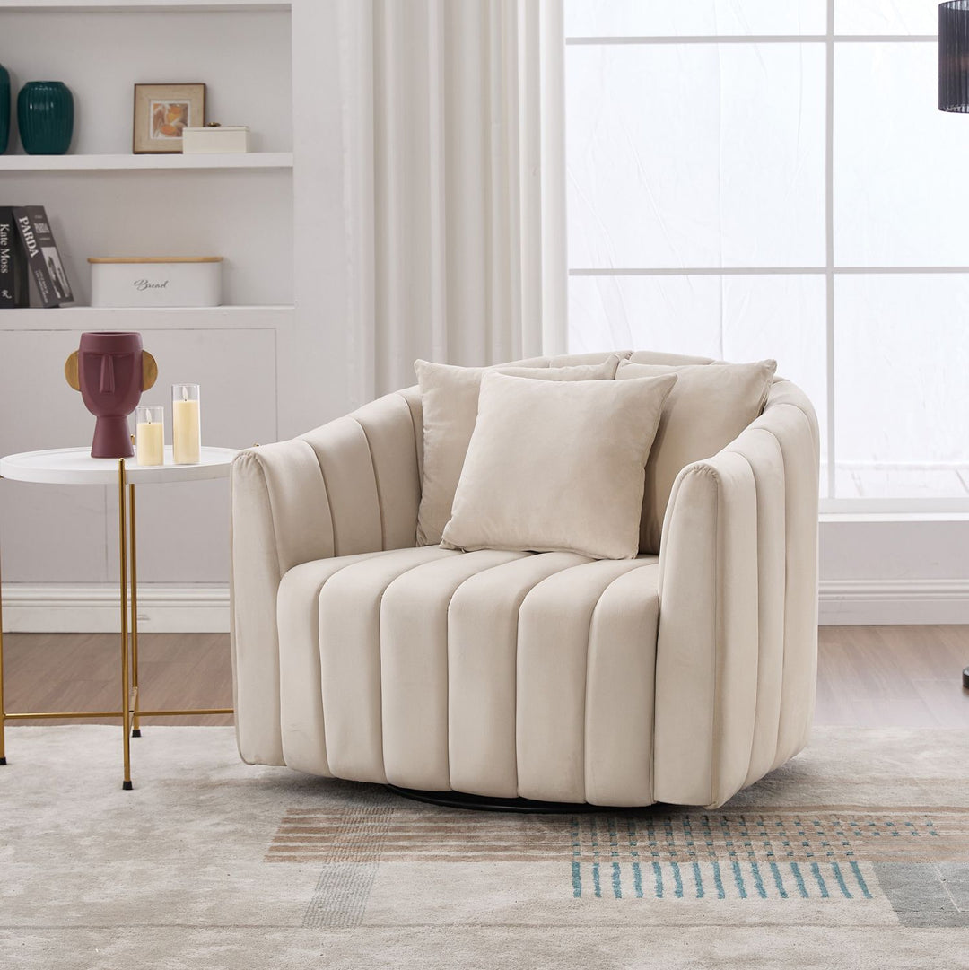 40.35"W Upholstered Oversized 360° Swivel Accent Barrel Chair and Half Cozy Sofa with 3 Pillows, Velvet Channel Tufted Pumpkin-Shape Club Armchair for Living Room, Bedroom, Office, Lounge,BEIGE