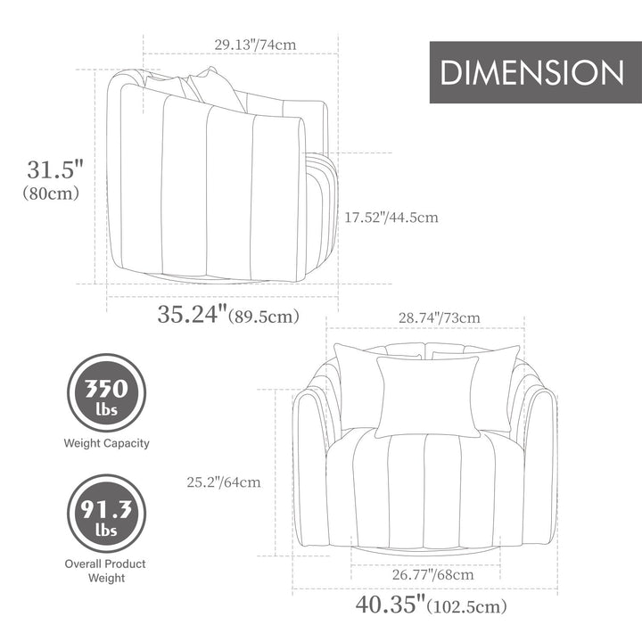 40.35"W Upholstered Oversized 360° Swivel Accent Barrel Chair and Half Cozy Sofa with 3 Pillows, Velvet Channel Tufted Pumpkin-Shape Club Armchair for Living Room, Bedroom, Office, Lounge,BEIGE