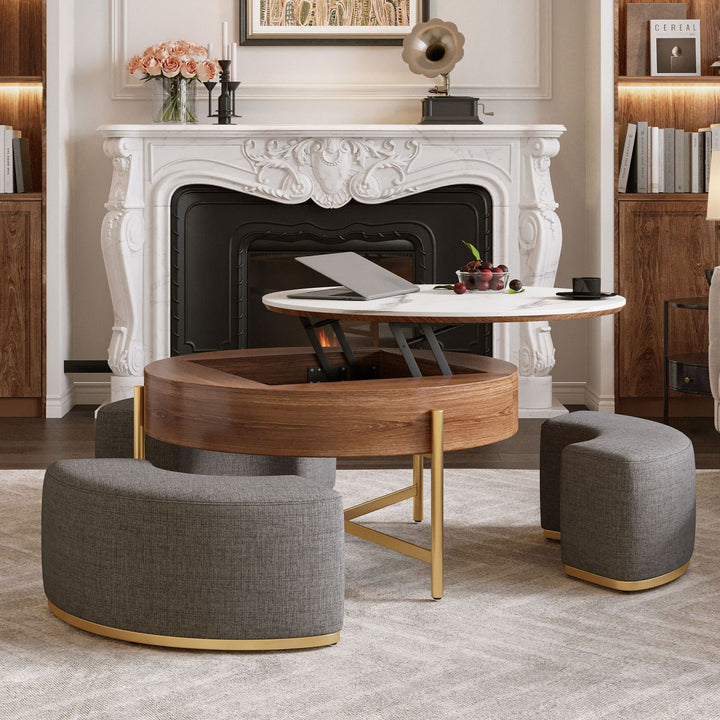 Modern Lift-Top Round Coffee Table with Hidden Storage, Walnut Veneer & Sintered Stone Top,3 Upholstered Nesting Ottomans, Space-Saving Design