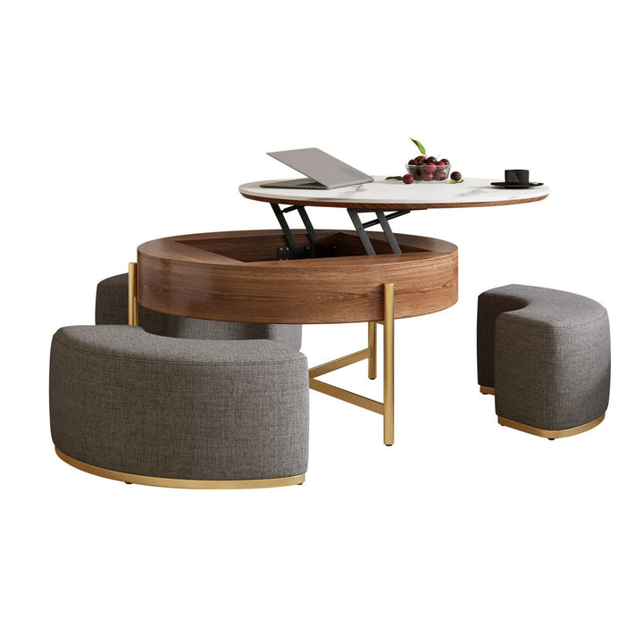 Modern Lift-Top Round Coffee Table with Hidden Storage, Walnut Veneer & Sintered Stone Top,3 Upholstered Nesting Ottomans, Space-Saving Design