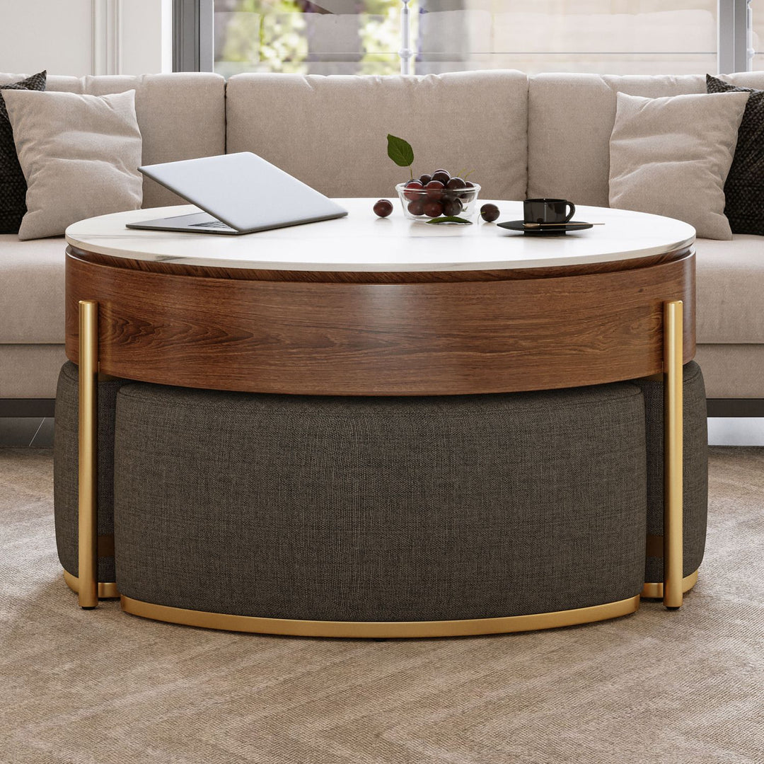 Modern Lift-Top Round Coffee Table with Hidden Storage, Walnut Veneer & Sintered Stone Top,3 Upholstered Nesting Ottomans, Space-Saving Design