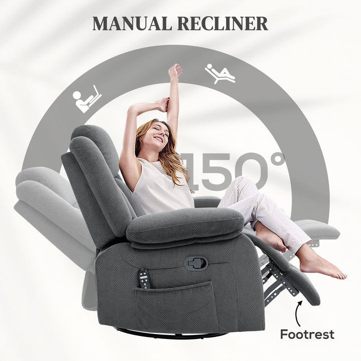 HOMCOM Recliner Massage Armchair with Heat, Oversized Swivel Rocker with Footrest, Remote and Side Pockets, Gray