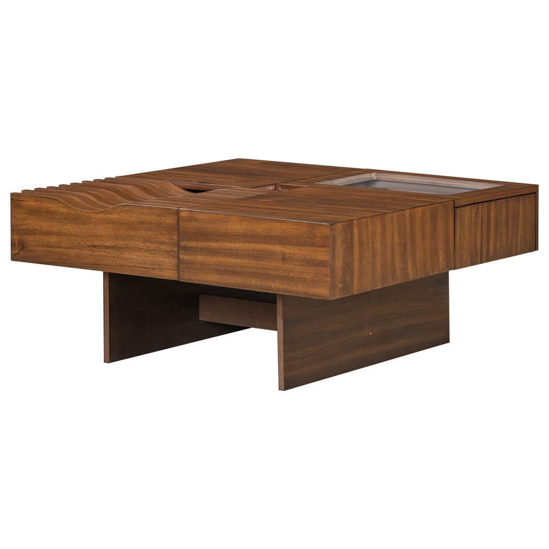 U-Can 33''Mid Century Modern Coffee Table,Unique Square Wooden Coffee Table with 3 Drawers, Tempered glass and Solid Wood Legs for Living Room
